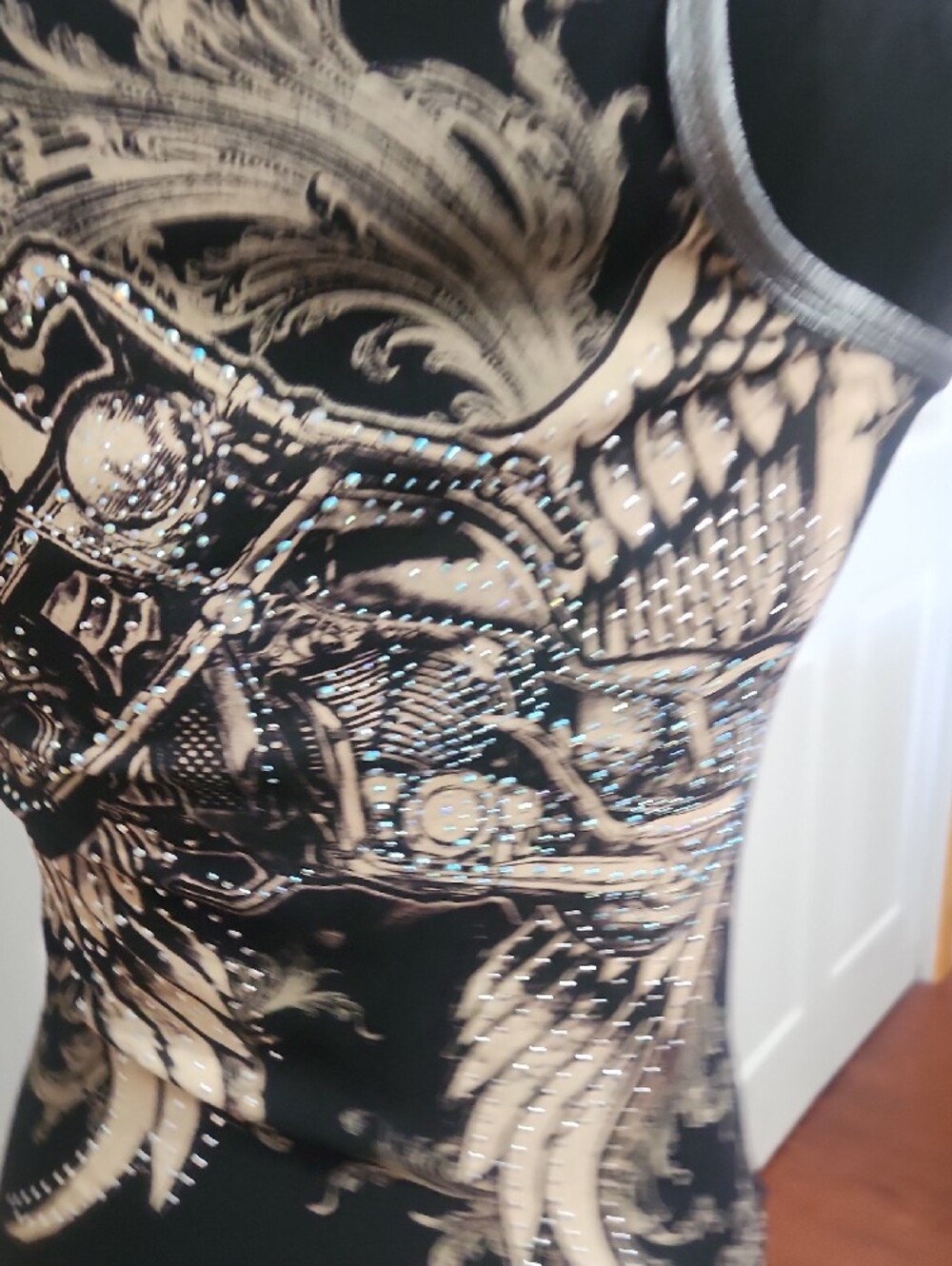 Black Bikercore Tank Top with Gold Motorcycle Graphic and Front Zip - Picture 4 of 5
